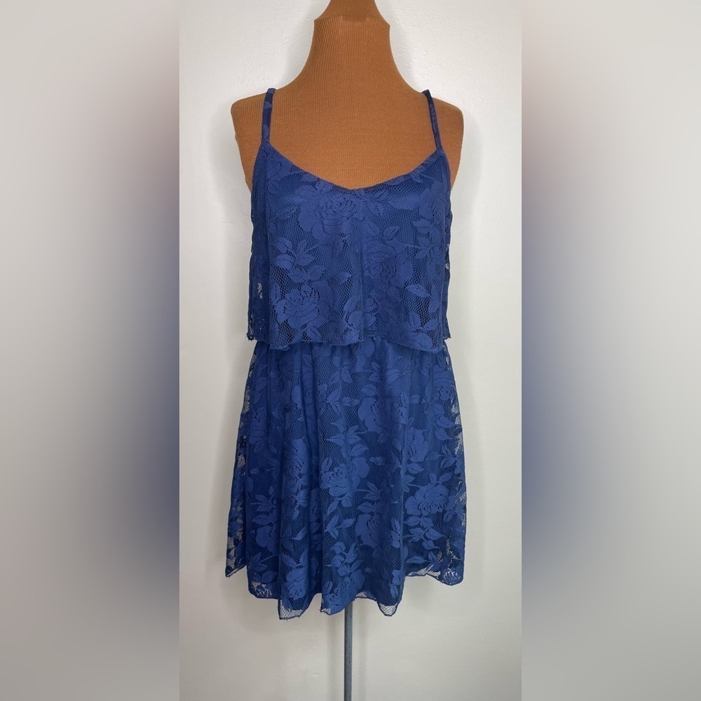 My Michelle Lace Overlay Shift Dress Sleeveless Spaghetti Strap Navy Size Medium